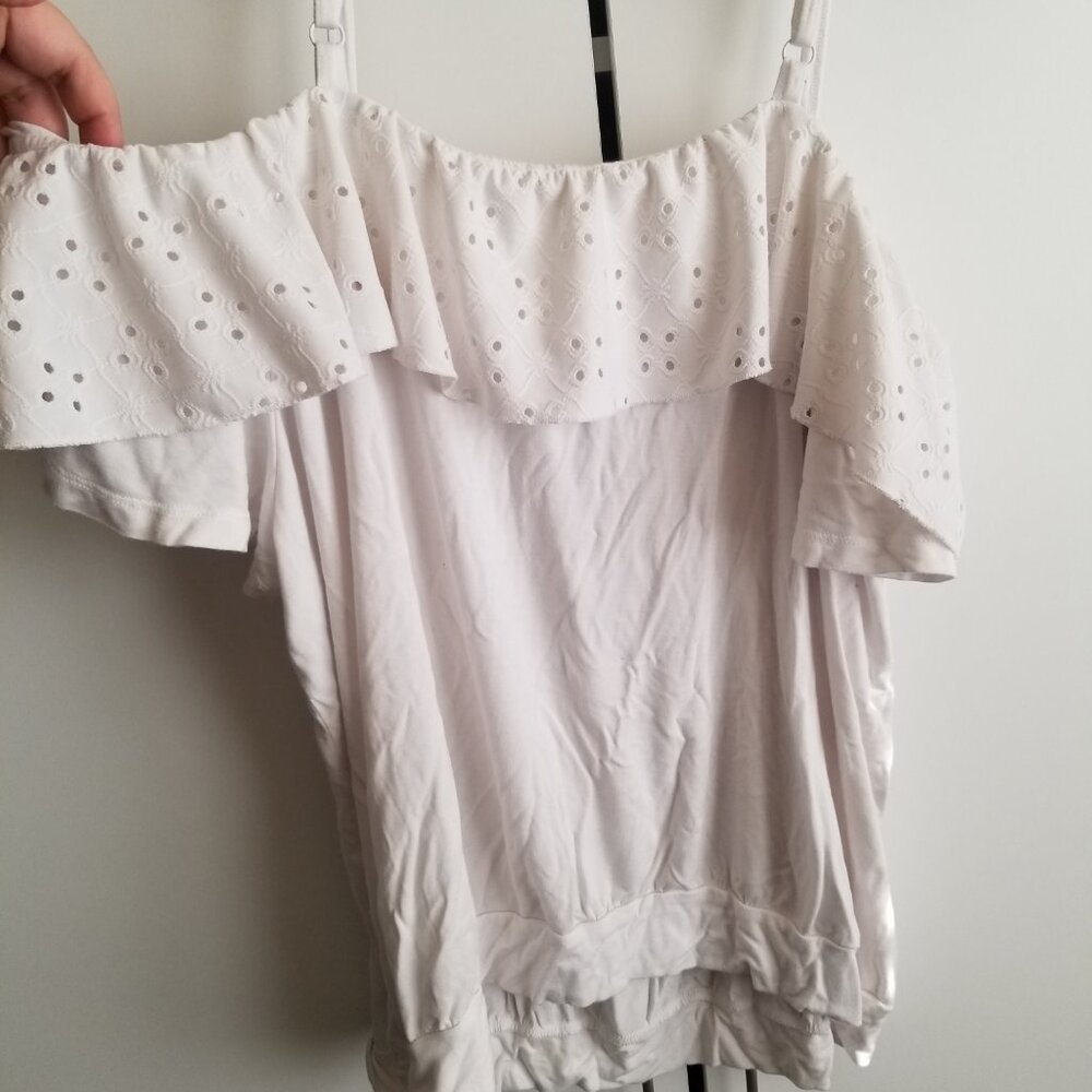 Super Soft Cold Shoulder Eyelet Ruffle Top - Picture 3 of 7